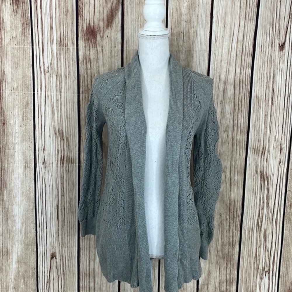 Heather B Cotton Heather Grey Knitted Open Front Cardigan w/Floral Pattern Small